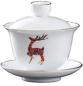 Porcelain Gaiwan 8oz Teacup White Glazed Tureen Chinese Sancai Cover Bowl Lip Cup Saucer Set (Red Deer)
