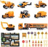 Jenilily Construction Vehicle Toy Car Set Play Mat,Truck Carrier,Forklift,Bulldozer,Excavator,Mixer,Dump Truck, Alloy Metal Car Toys for 3 4 5 6 Years Old Toddlers Kids Boys