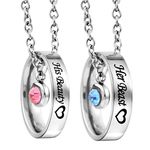 MJartoria Matching Necklaces for Couples, His and Hers Engraved Rhinestone Ring Pendant Set Gifts for Boyfriend Girlfriend, Stainless Steel