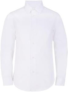 Calvin Klein Boys' Long Sleeve Slim Fit Dress Shirt, Button-Down Style with Cuffs & Shirttail Hem, White, 14