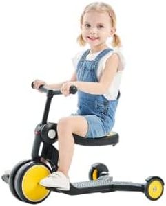 GoNeno 5 in 1 Convertible Kick Scooter for Kids, Foldable and Lightweight Kids Scooter, Transition to Balance Bike, Toddler Tricycle, Adjustable Kick Scooter, 2 & 3 Wheel Bike - Yellow