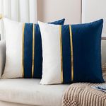 Vinayaka Fab Set of 2 Velvet Throw Pillow Covers - Soft Decorative Cushion Covers Cases with Gold Leather for Sofa Bedroom Livingroom Car, 16 X 16 Inch (2 Pieces) (Dark Blue Off White/Gold), 250 tc