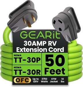 GEARit 30-Amp Extension Cord for RV and Auto, (50-Feet) 3-Prong 125-Volt 10/3 STW 10AWG Gauge 3 Wire, NEMA TT-30P to TT-30R, Outdoor Camper Power Cord