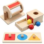 Sratte 3 Pcs Preschool Toys Set Includes Spinning Rainbow Drum, Full Size Object Permanence Box with Tray 3 Balls & Colorful Multiple Shape Puzzles Toys for Wooden Gift Ideas, Blue,Green,Orange,Red