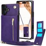 CCSmall for Apple iPhone 16 Case Wallet Crossbody with Card Holder, RFID Blocking PU Leather Zipper Handbag Purse Flip Cover Shoulder Strap Lanyard Phone Case for iPhone 16 ZP Purple