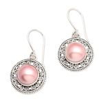 NOVICA Womens Dyed Pink Mabe Pearl .925 Silver Dangle Earrings Floral Orbs in Pink