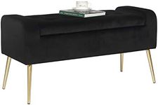 Adeco 39.6 inch Modern Velvet Ottoman,Upholstered End of Bed, Tufted Button Entryway Golden Metal Legs for Bedroom Living Room Storage Benches, Black, Large