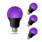 LED Black Light Bulbs, 6W (40W Equivalent) UVA Level 395-405nm, A19 E26 UV Black light Glow-in-the-dark for Body Paints, Birthday Party decoration , Fluorescent Posters, Club , Body Paints, Neon Posters - 4 Pack