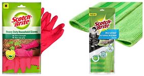 Scotch-Brite Heavy Duty Gloves (with Fresh lemon scent & inner cotton lining for comfort) Medium, Re & Kitchen Fabric Scrub Cloth (Pack of 1)(Colour May Vary) (Green/Purple) Combo