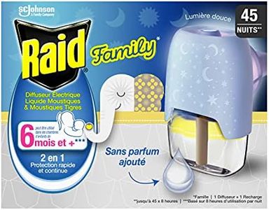 RAID FAMILY DIFFUSEUR ÉLECTRIQUE LIQUIDE MOUSTIQUES & MOUSTIQUES TIGRES, 1 DIFFUSEUR + 1 RECHARGE 45 NUITS, 27 ml