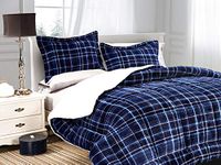 Elegant Comfort Softest, Coziest Heavy Weight Plaid Pattern Micromink Sherpa-Backing Premium Quality Down Down Alternative Micro-Suede 3-Piece Reversible Comforter Set, Full/Queen, Navy Blue