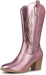 SHIBEVER Cowboy Boots for Women Mid: Black Wide Calf Cowgirl Boots Western Embroidered Country High Heel Round Toe Booties Size, 2684-pink, 7