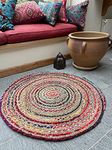 Mishran Eco Friendly Small Round Braided Rug Flat Weave with Natural Jute and Multi Colour Recycled Material 60 cm Diameter