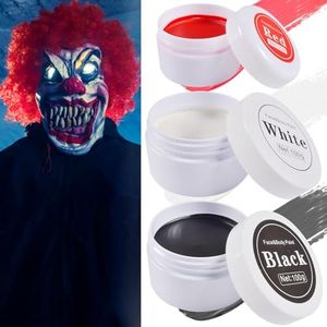 Halloween Maquillaje de Payaso, cuerpo blanco y negro 100g, cara roja 50g, 3 cepillos, pintura de cuerpo de payaso zombie vampira, maquillaje de teatro, halloween, maquillaje de carnaval