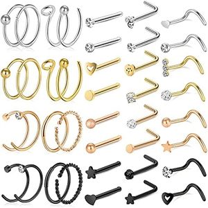 ONESING 35-70 PCS 18G 20G Nose Rings for Women Nose Piercings Jewelry Gold Nose Rings Hoops L Shape Nose Rings Studs Screw 316L Surgical Stainless Steel Nose Rings for Men Women, Stainless Steel,