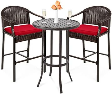 Best Choice Products 3-Piece Patio Bar Table Set, Outdoor Wicker Bar Height Bistro Furniture for Backyard, Poolside, Balcony w/Barstools, Cushions, Steel Frame – Brown/Red