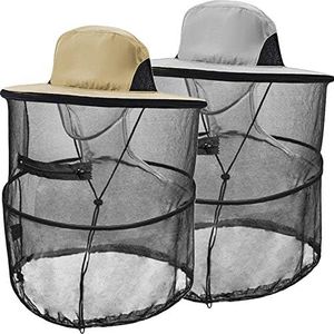 Mosquito Head Net Hat Sun Hats with Hidden Net Mesh Mask, Khaki and Light Grey(2packs), One Size