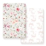 Fitted Pack n Play Sheets Set 2 Pack, Stretchy Ultra Soft Jersey Knit Portable/Mini Crib Sheets for Girls, Universal Fit for Pack N Plays Safe and Snug, Beautiful Flowers and Insects Pattern for Baby