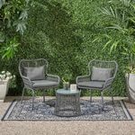 BRISHI Garden Patio Seating Chair and Table Set Outdoor Balcony Garden Coffee Table Set Furniture with 1 Table and 2 Chairs Set with Cushion Braid & Rope (Dark Grey)