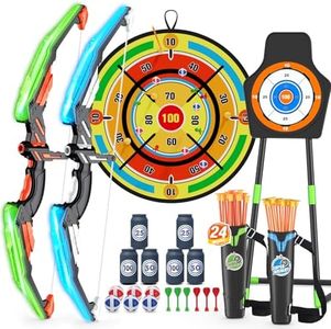 HYES 2 Pack Kids Bow and Arrow with 29" Large Dart Board, LED Light Up Archery Set with 24 Suction Cup Arrows, Indoor Outdoor Sport Toys Gifts for 3 4 5 6 7 8 9 10 11 12 Year Old Boys Girls