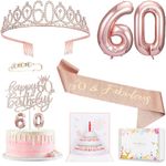 60th Birthday Decorations Gifts for Women, Including 60th Happy Birthday Cake Topper, Queen Sash with Pearl Pin, Sweet Rhinestone Tiara Crown for Women, Number Candles and Balloons (Rose Gold)