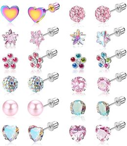 Kakonia Hypoallergenic Screw Back Stud Earrings for Girls Women CZ Ball Stainless Steel Stud Earrings Set Cute Heart Pearl Flower Star Surgical Steel Screwback Earrings Multicolored 12 Pairs