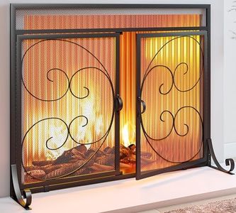 Kingson Fireplace Screen with Hinged Doors Magnetic 2 Panels Sturdy Steel Frame Durable Metal Mesh Decorative Free Standing Spark Guard- Black