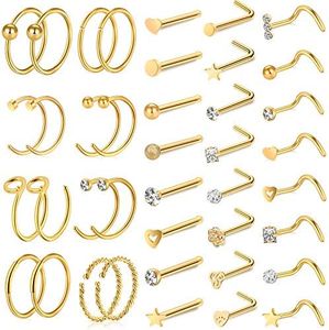 ONESING 20-70 PCS 20G Nose Rings for Women Nose Piercings Jewelry Gold Nose Rings Hoops L Shape Nose Rings Studs Screw 316L Surgical Stainless Steel Nose Rings for Men Women, Stainless Steel, cubic zirconia