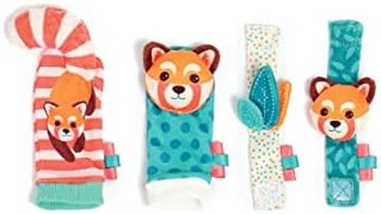 LUDI - Hochets Pieds Et Mains - Jouets D'Éveil Bébé - Dès La Naissance - Développe La Motricité Fine & La Dextérité - 2 Chaussettes + 2 Bracelets Réglables Avec Tête D'Animaux Colorés