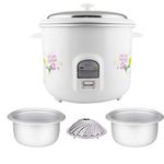 Electric Rice Cooker, 2.8 Liter Capacity with 2 Cooking Pans, Steamer Basket and Electric Rice Cooker With Auto Warm Function - 1000W, Stainless Steel Lid, White & Floral Design