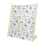 wooshwa Wooden Sling Children's Bookshelf 5 Tier Toy and Book Storage Organizer 3 Pockets Kids Bookcase with Deep Sleeves for Baby Playroom Nursery Bedroom (Woodland Animals)