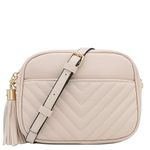 Chevron Quilted Crossbody Camera Bag with Chain Strap and Tassel, Nude, One Size