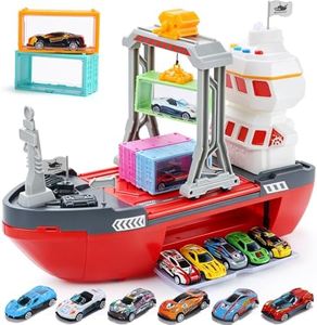 CUTE STONE Cargo Ship Toy with Gantry Crane, Lights & Sounds, Toy Boat Playset with 6 Containers, 12 Die-Cast Metal Race Cars, Kids Pretend Play Ship for Boys & Girls