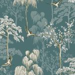 World of Wallpaper Japanese Garden Inspired Oriental Asian Themed Wallpaper for Living Room and Bedroom Cherry Blossom Trees and Oriental Birds - Teal/Dark Green 946101