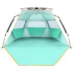 WolfWise 3-4 Person Easy Up Beach Tent UPF 50+ Portable Instant Sun Shelter Canopy Umbrella with Extended Zippered Porch, Mint Green