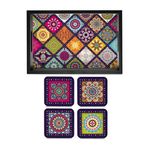 BRAHMA DESIGN Tray & Coaster Set Multi Mandala Design - Combo Offer. Kitchen, Dining, Serving & Desk Set of 1 Tray 8" x 12" and 4 Tabletop Square Drinks Coasters 3.75" x 3.75" Made in Wood