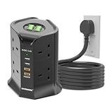 Tower Extension Lead with USB Slots, SAFEMORE 8 Way Multi Plug Extension Tower with 2 USB C (1 PD20W Type C) & 2 USB A, 1050J Surge Protected Power Strip with 2M Extension Cord for Home, Office