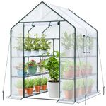 Ohuhu Walk-in Greenhouse, 3 Tiers 12 Shelves Heavy Duty Plastic Grow House, Portable Outdoor Plant Greenhouse with Ground Pegs & Windproof Ropes for Garden Backyard, 145x145x195 cm (White)
