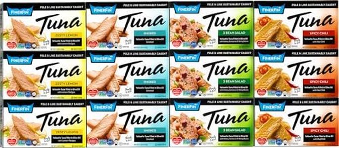 FinerFin Yellowfin Tuna Salad in Organic Olive Oil | Taster's Variety Pack | Premium Canned Tuna Fish with EVOO | Gourmet Ready-to-Eat Wild-Caught Fillets | 4.4oz can - 12 Pack
