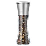 Pepper Grinder or Salt Grinder, Best Spice Mill with Ceramic Blades, Adjustable Coarseness, Brushed Stainless Steel Cap, and Refillable Tall Glass Body with 6OZ Capacity (7.5")