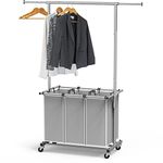 SimpleHouseware 3 Bag Laundry Sorter Rolling Cart with Hanging Rod, Silver