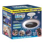 Breeze Brite Ceiling Fan with LED Light, No Tools - Screw into Any Light Socket 3 Speed Settings, 3 Brightness Settings up to 2100 Lumens Includes Multi Function Remote