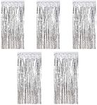 Kioneer Metallic Tinsel Curtains Silver 5 Packs 3 ft x 10 ft Foil Fringe Curtains for Photo Backdrop Door Wall Hanging Window Curtain Party Offiice Decoration