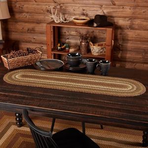 VHC Brands Tea Cabin Rustic Jute Green Textured Striped Oval Kitchen Table Decor Runner 13"x48"