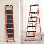 BonKaso Climb Easy 6 Step Heavy Duty Foldable Steel Kitchen Ladder for Home, Office & Outdoor Use with Anti-Slip Wide Durable Plastic Steps, Support Handle & Tool Tray (Orange & Black)
