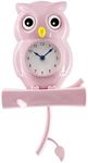 Lily's Home Pink Owl Pendulum Wall Clock with Revolving Eyes, Swinging Branch, Wall Mountable, Themed Bedroom Decor, Retro Wall Clock, Unique Wall Clocks, 8.2" W x 11.3" H