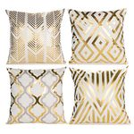 LAPONO Throw Pillow Covers Set of 4 White and Gold Square Pillowcases Velvet Gold Foil Printed Cushion Cases Geometric Pattern Pillows Set Home Decorative for Bedroom Sofa Couch Living Room, 18 X 18