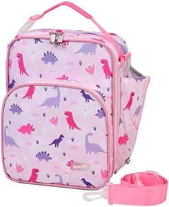 Insulated Lunch Bag for Girl, VASCHY Lightweight Lunch Box Bag Reusable Containers for Kids with Detachable Shoulder Strap Pink Dinosaur