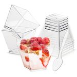 Wnqou 60ml/2oz Clear Dessert Cups with Spoons, 50Pcs Reusable Square Dessert Cups, Mini Transparent Appetizers Serving Bowl for Desserts Mousses,Puddings,Party