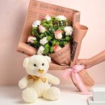 FlowerAura Fresh Live 6 Pink Roses, 5 White Carnation, 4 Stems Of Daisy Flower Bouquet With Cute Teddy For Valentine's Day Gift, Birthday Gift, Anniversary Gift, Mother's Day Gift (Same Day Delivery)